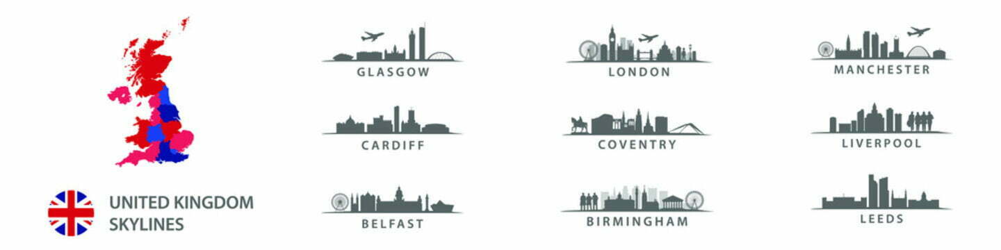 Big cities in Unitted Kingdom, skylines in vector sihouettes, english destinations like London, Leed